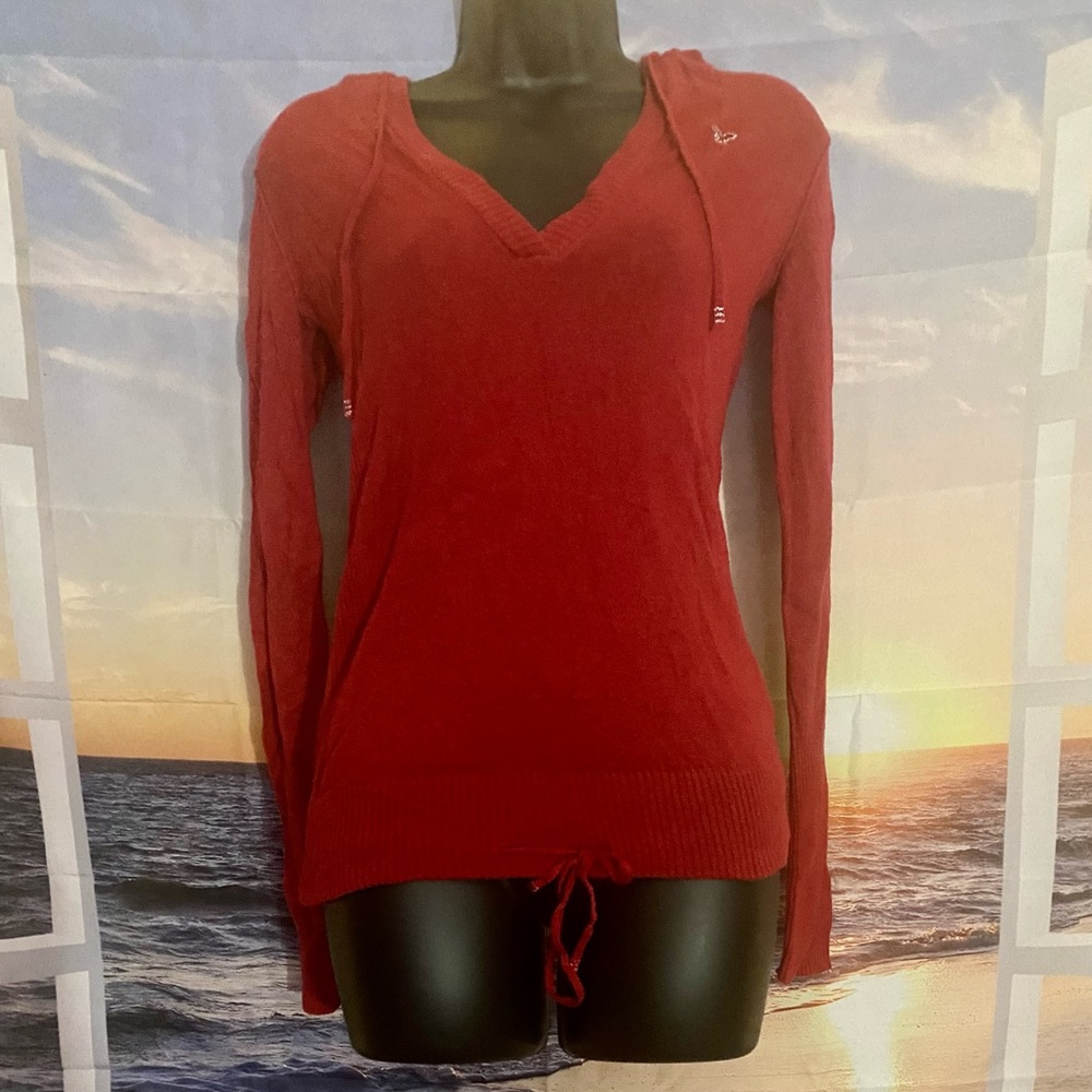 Vintage Women’s American Eagle Red V-Neck Hooded Sweater